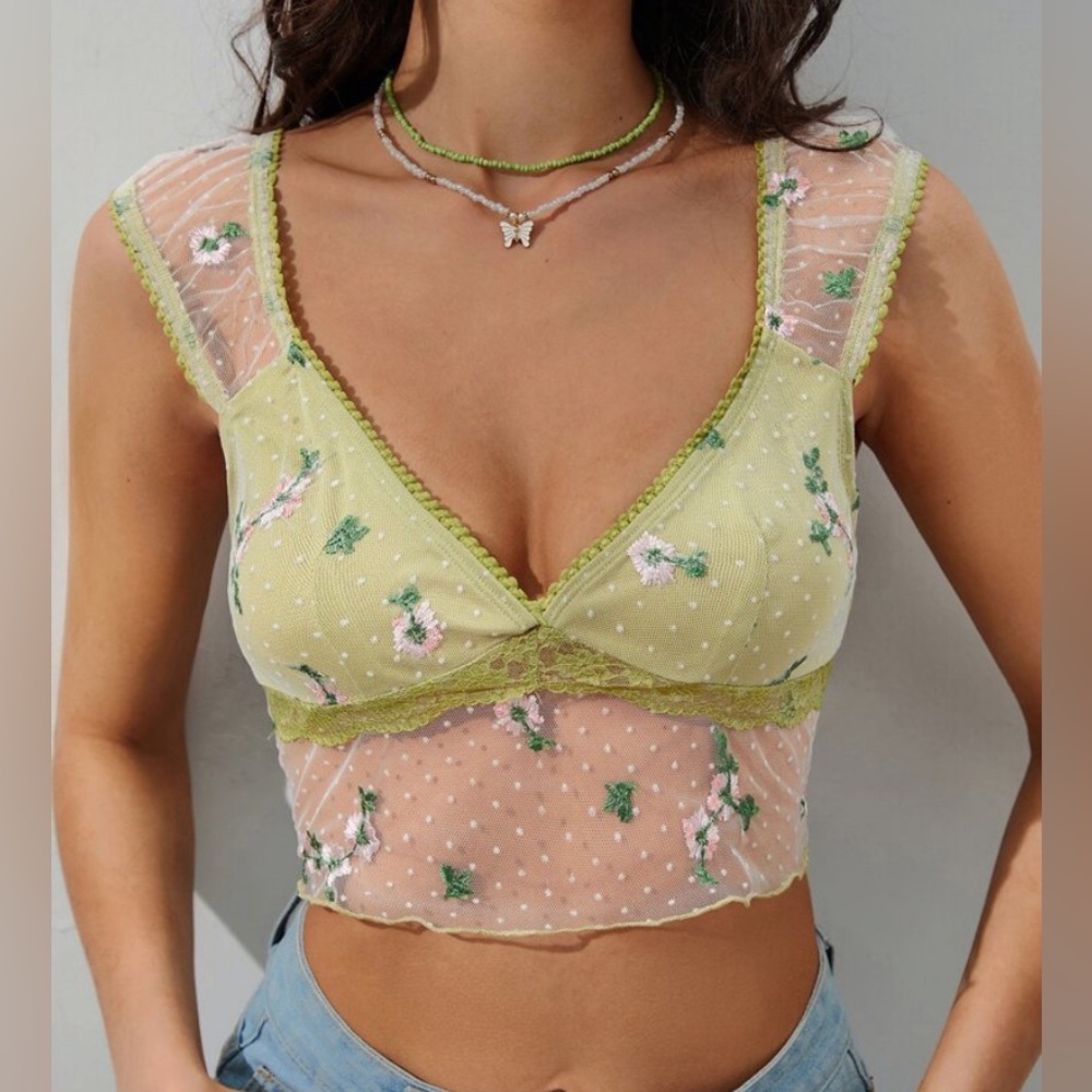 Fairycore Crop Top Bralette Floral Ruffle Sleeveless Sheer Mesh Garden Green